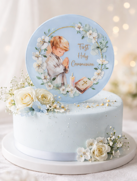 First Holy Communion Boy Acrylic 4" Round Cake Topper