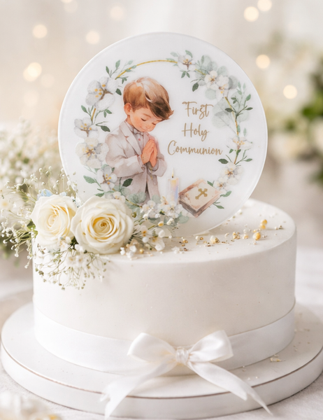 First Holy Communion Boy Acrylic 4" Round Cake Topper