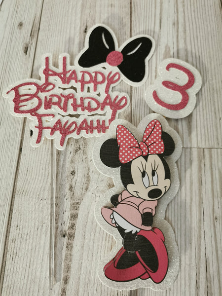 Personalised Minnie Mouse Bow Style Glitter Cake Topper Set