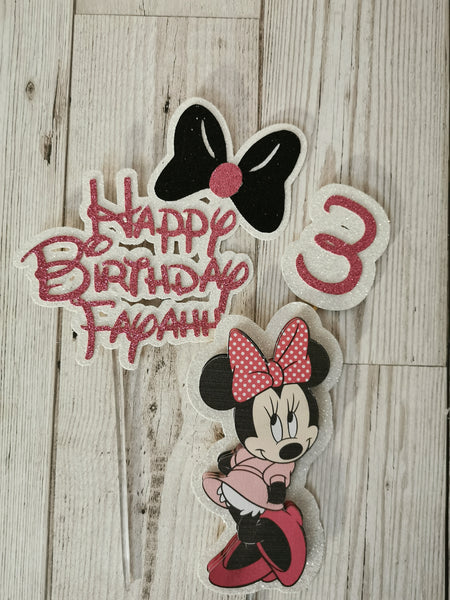 Personalised Minnie Mouse Bow Style Glitter Cake Topper Set