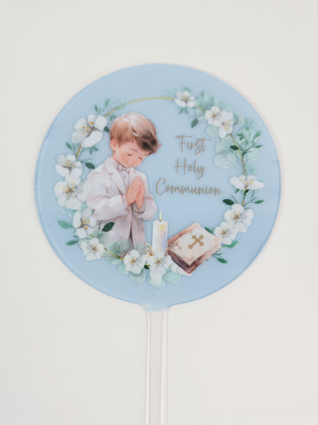 First Holy Communion Boy Acrylic 4" Round Cake Topper