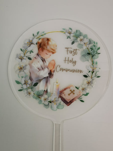 First Holy Communion Boy Acrylic 4" Round Cake Topper