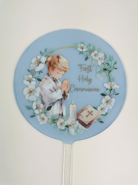First Holy Communion Boy Acrylic 4" Round Cake Topper