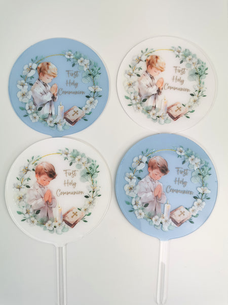 First Holy Communion Boy Acrylic 4" Round Cake Topper