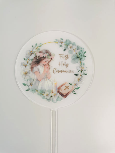 First Holy Communion Girl Acrylic 4" Round Cake Topper