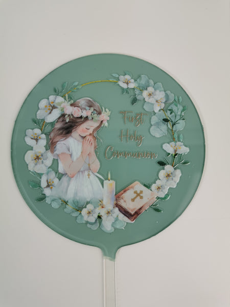 First Holy Communion Girl Acrylic 4" Round Cake Topper