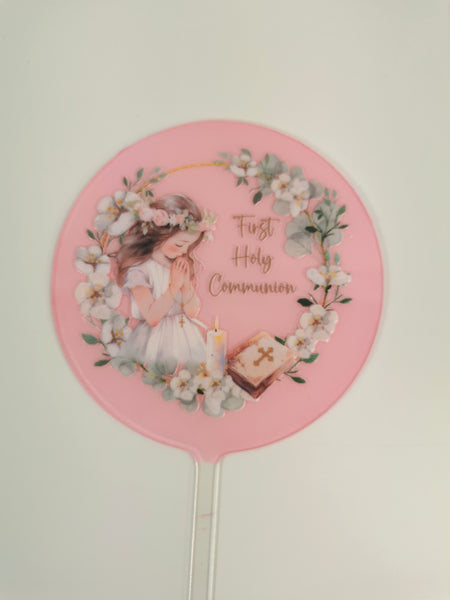 First Holy Communion Girl Acrylic 4" Round Cake Topper