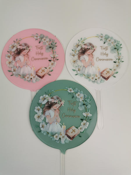 First Holy Communion Girl Acrylic 4" Round Cake Topper