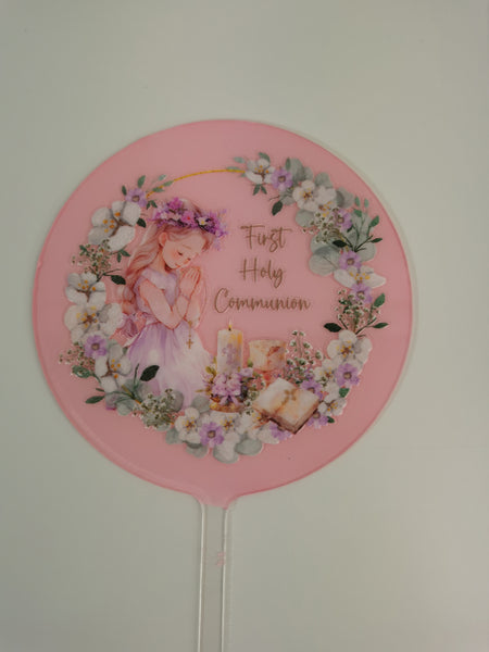 First Holy Communion Girl Acrylic 4" Round Cake Topper
