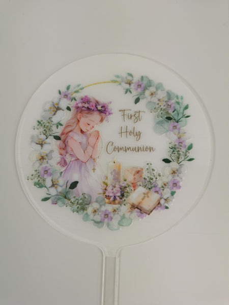 First Holy Communion Girl Acrylic 4" Round Cake Topper