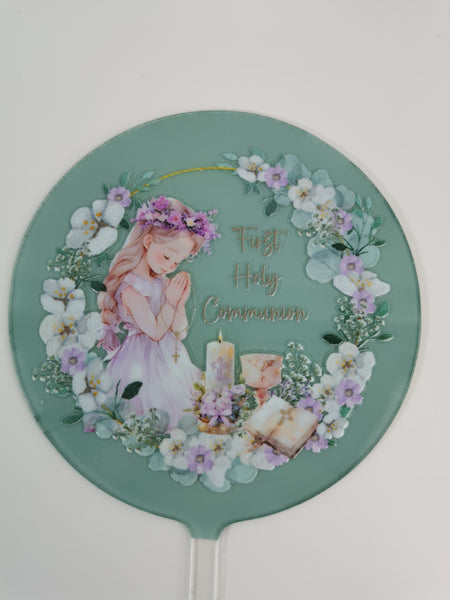 First Holy Communion Girl Acrylic 4" Round Cake Topper