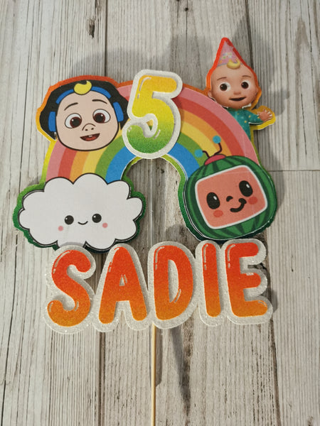 Personalised Cocomelon  Rainbow Style Glitter Cake Topper