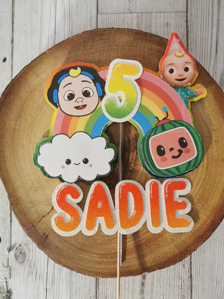 Personalised Cocomelon  Rainbow Style Glitter Cake Topper