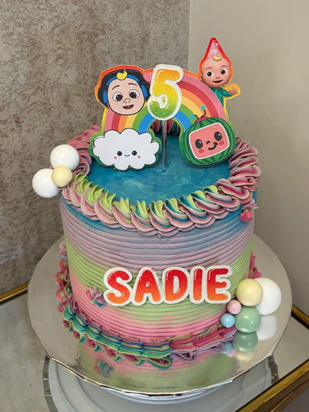 Personalised Cocomelon  Rainbow Style Glitter Cake Topper