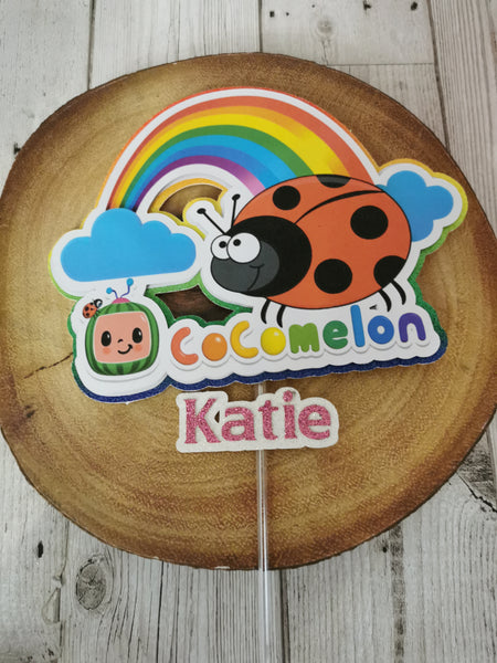 Personalised Cocomelon Ladybird Style Glitter Cake Topper