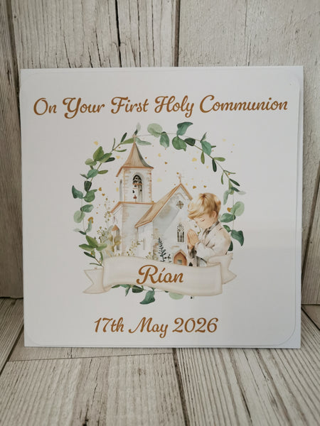 Personalised 1st / First Holy Communion Church & Wreath Style Card Boy