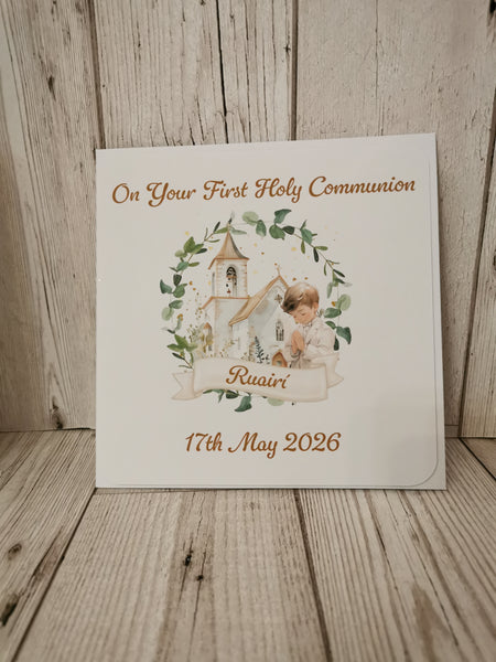 Personalised 1st / First Holy Communion Church & Wreath Style Card Boy