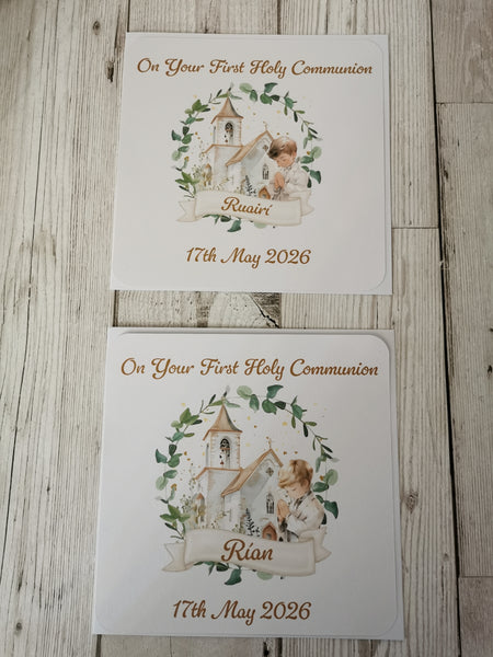 Personalised 1st / First Holy Communion Church & Wreath Style Card Boy