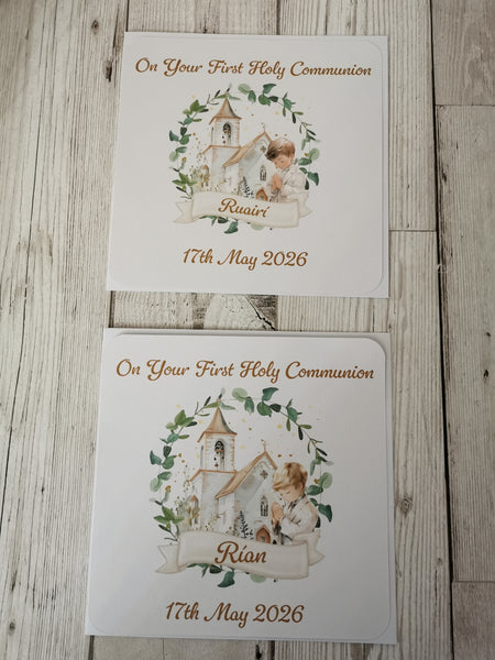 Personalised 1st / First Holy Communion Church & Wreath Style Card Boy