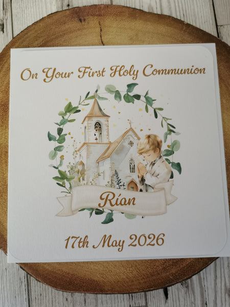 Personalised 1st / First Holy Communion Church & Wreath Style Card Boy