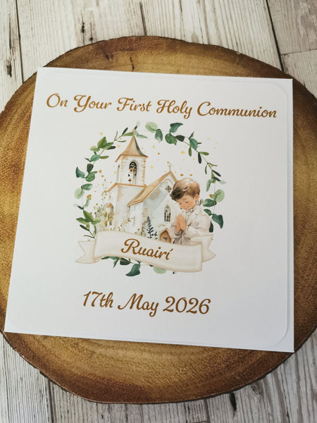 Personalised 1st / First Holy Communion Church & Wreath Style Card Boy