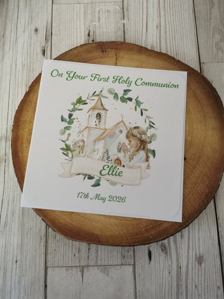 Personalised 1st / First Holy Communion Church & Wreath Style Card Girl