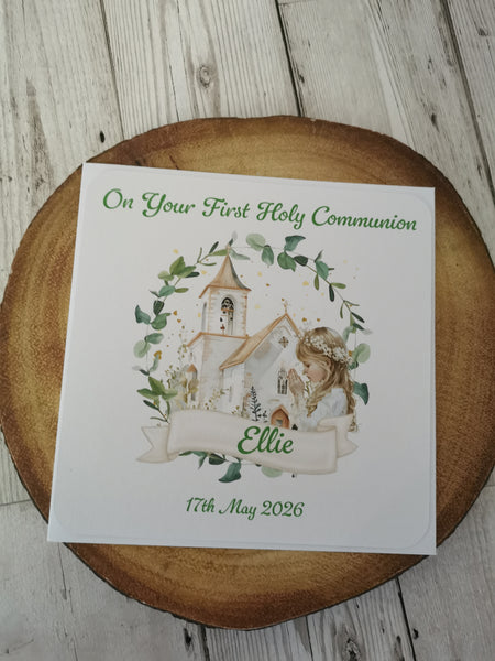 Personalised 1st / First Holy Communion Church & Wreath Style Card Girl