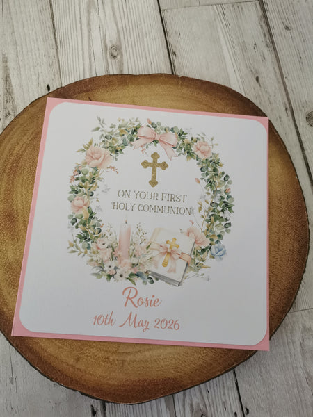 Personalised 1st / First Holy Communion Bible & Candle Wreath Style Card