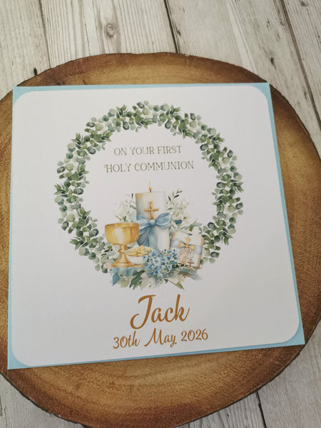 Personalised 1st / First Holy Communion Bible & Candle Wreath Style Card