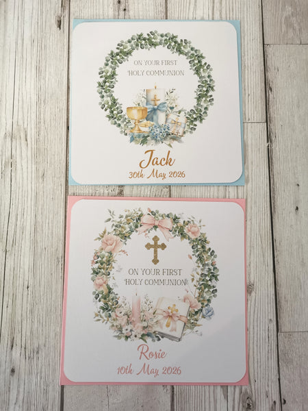 Personalised 1st / First Holy Communion Bible & Candle Wreath Style Card