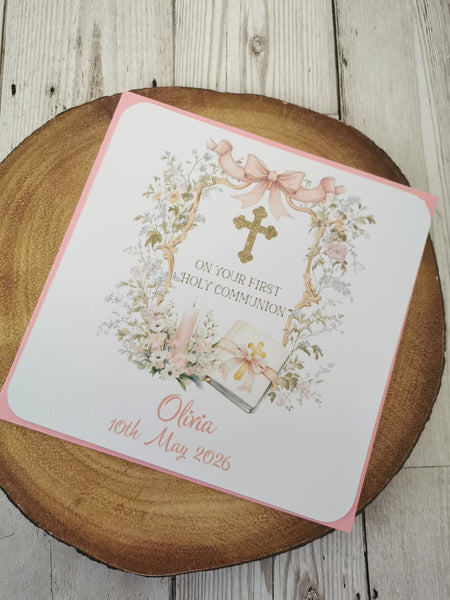 Personalised 1st / First Holy Communion  Pink Bible, Candle & Chalice Style Card