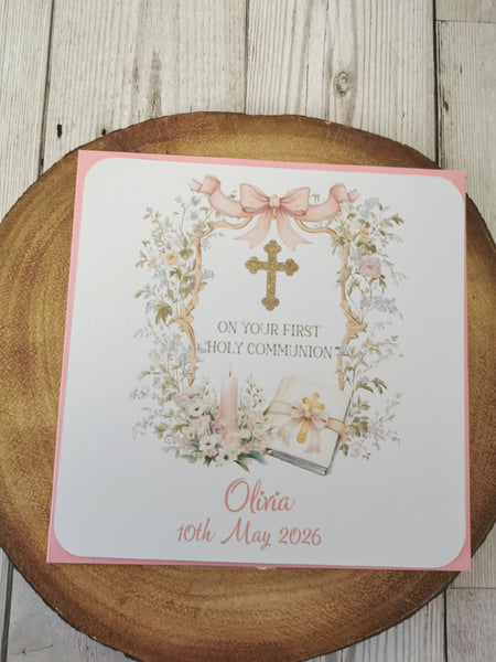 Personalised 1st / First Holy Communion  Pink Bible, Candle & Chalice Style Card