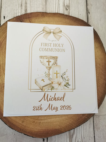 Personalised 1st / First Holy Communion Bible, Candle & Chalice Arch Style Card