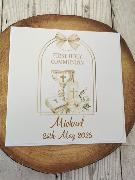 Personalised 1st / First Holy Communion Bible, Candle & Chalice Arch Style Card