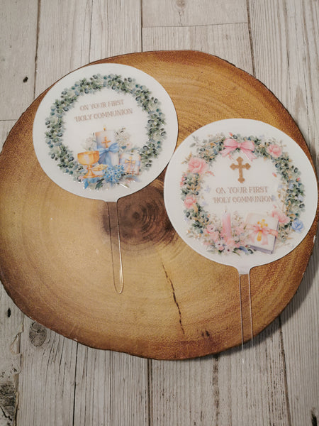 On Your First Holy Communion Acrylic 4" Round Cake Topper Wreath Style