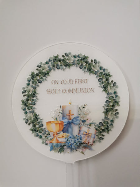 On Your First Holy Communion Acrylic 4" Round Cake Topper Wreath Style