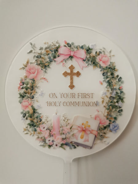 On Your First Holy Communion Acrylic 4" Round Cake Topper Wreath Style