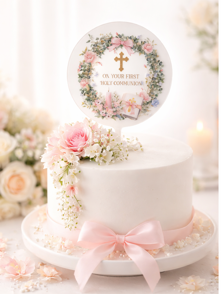 On Your First Holy Communion Acrylic 4" Round Cake Topper Wreath Style