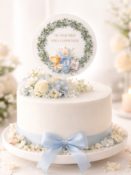 On Your First Holy Communion Acrylic 4" Round Cake Topper Wreath Style