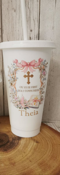 Personalised On Your First Holy Communion Pink Bible Style Cold Cup