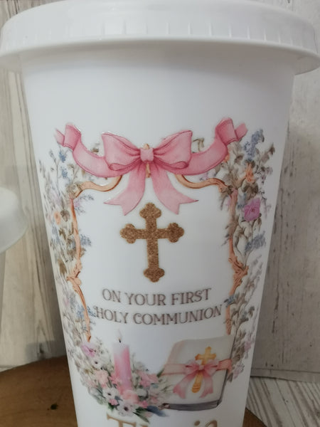Personalised On Your First Holy Communion Pink Bible Style Cold Cup