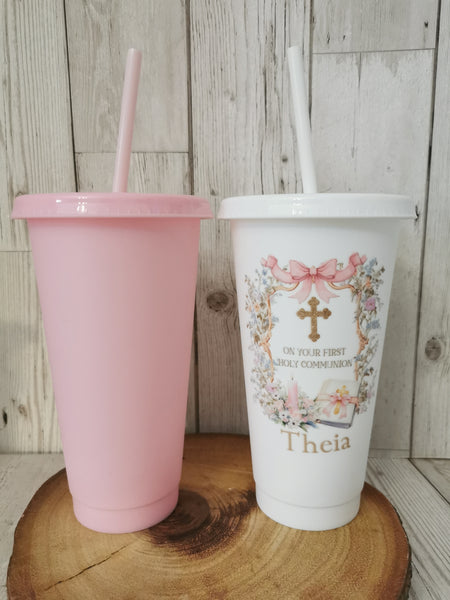 Personalised On Your First Holy Communion Pink Bible Style Cold Cup