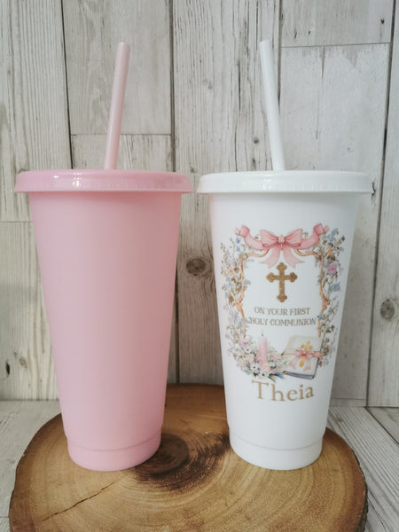 Personalised On Your First Holy Communion Pink Bible Style Cold Cup