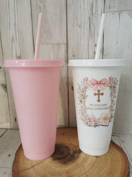 Personalised On Your First Holy Communion Pink Bible Style Cold Cup