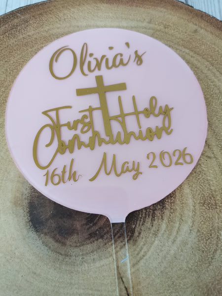 Personalised First Holy Communion Acrylic 4" Round Cake Topper Gold Text