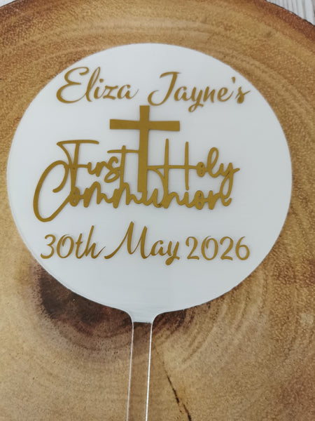 Personalised First Holy Communion Acrylic 4" Round Cake Topper Gold Text