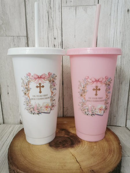 Personalised On Your First Holy Communion Pink Bible Style Cold Cup