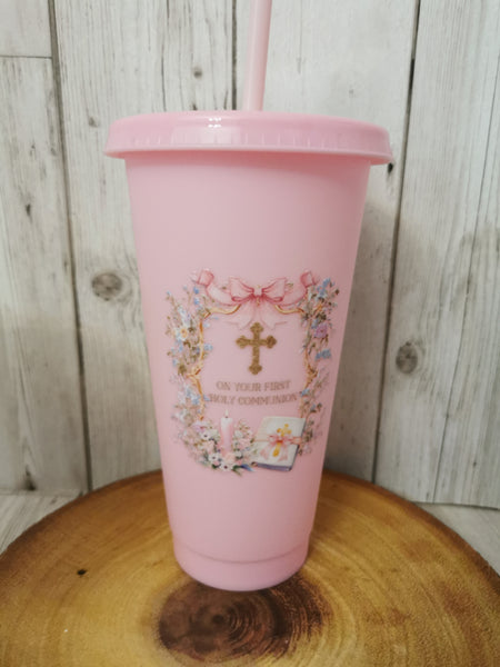 Personalised On Your First Holy Communion Pink Bible Style Cold Cup