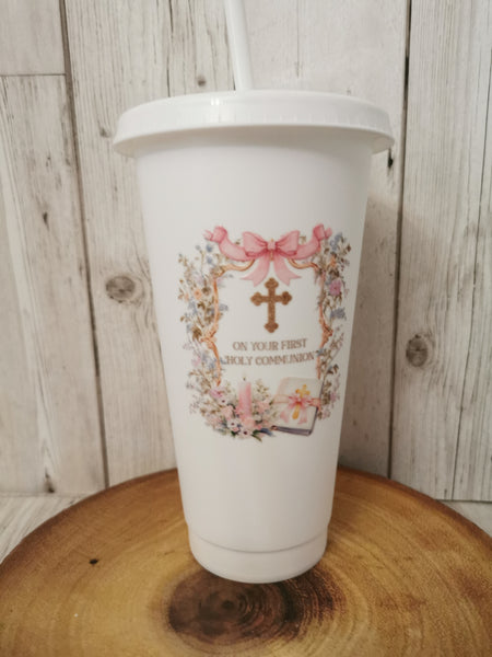 Personalised On Your First Holy Communion Pink Bible Style Cold Cup