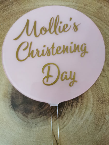 Personalised Christening Day Acrylic 4" Round Cake Topper Gold